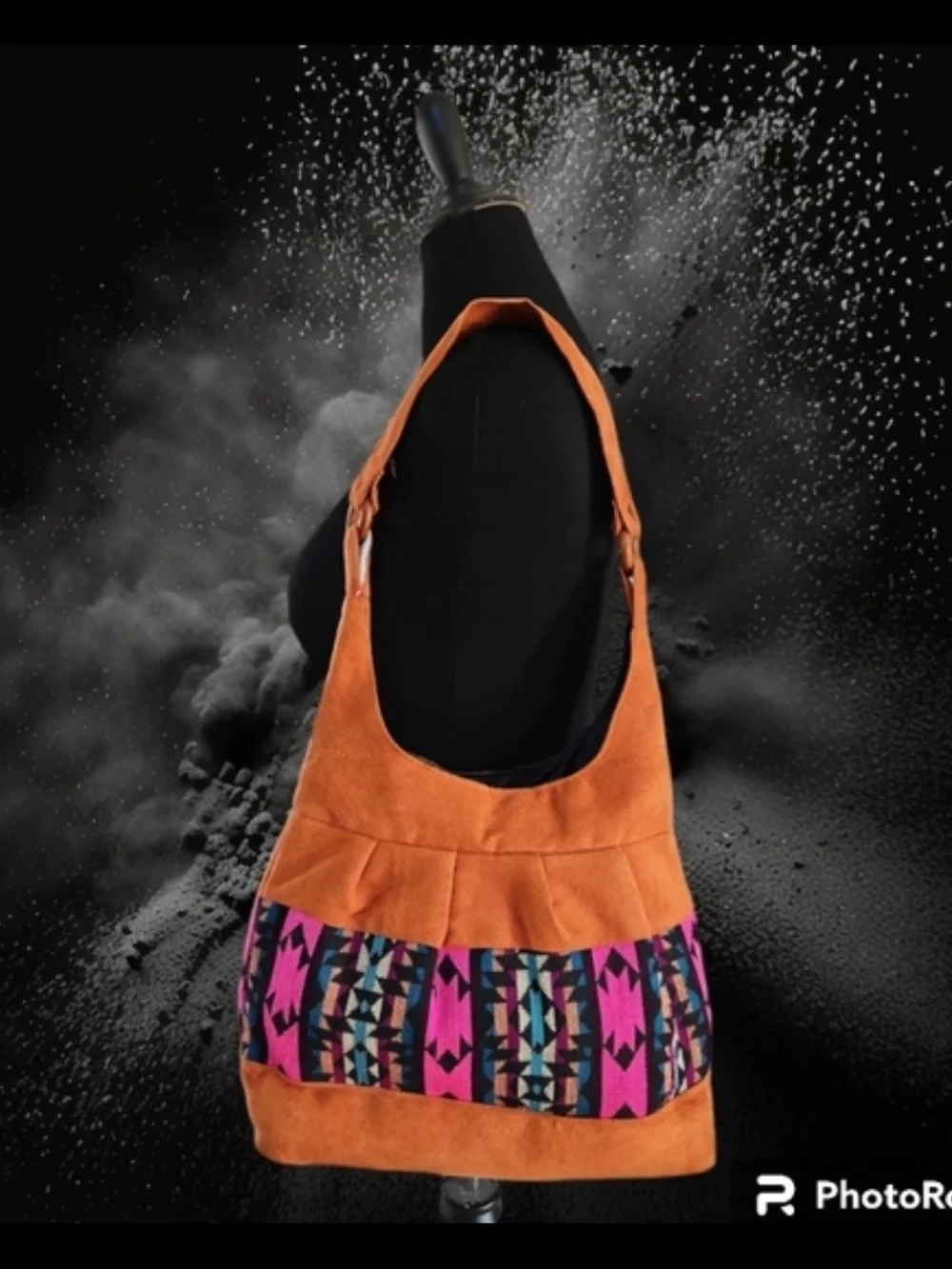 Orange Microsuede Hobo Bag with Colorful Aztec Accent